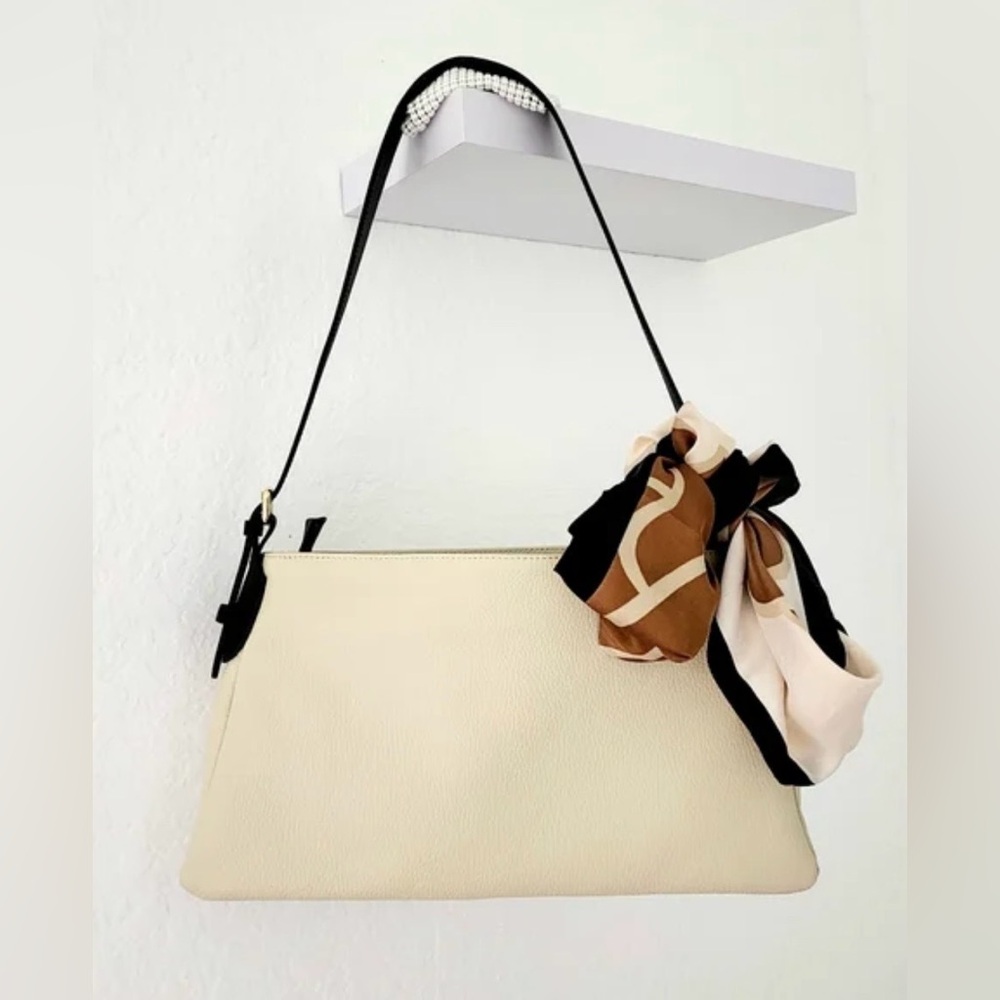 ValentinaElegant Cream Beige/Brown Pebbled Leather Shoulder Bagwith Scarf Accent